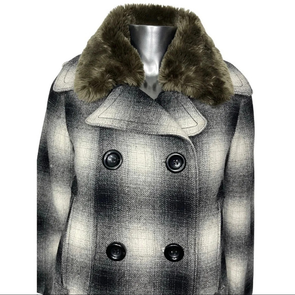 Eddie Bauer Pea Coat Wool Blend Plaid Coat Removable Faux Fur Collar  Size XS - Picture 3 of 10